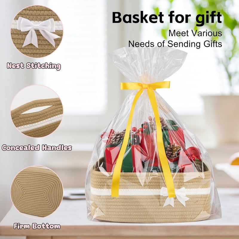 OIAHOMY Large Woven Storage Basket with Handles for Nursery Living Room Shelves, Bow Basket for Gifts Empty with Gift Bags and Ribbons for Baby Showers Pet Toy Bin - Yellow - Image 5